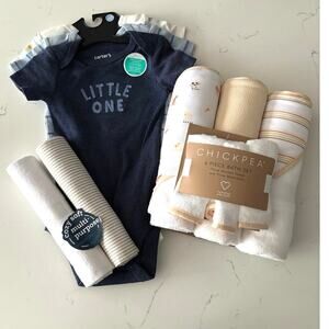 New Bundle of baby items onesie’s hooded towels rags 2 blankets soft neutrals